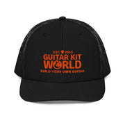All black Workbench Trucker Hat, orange stitched Guitar Kit World logo, front view