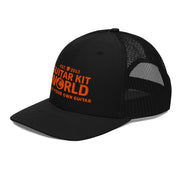 All black Workbench Trucker Hat, orange stitched Guitar Kit World logo, side view