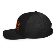 All black Workbench Trucker Hat, orange stitched Guitar Kit World logo, side view