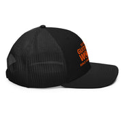All black Workbench Trucker Hat, orange stitched Guitar Kit World logo, mesh back, side view