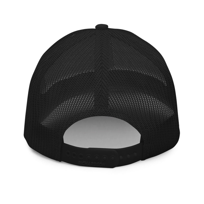 All black Workbench Trucker Hat, orange stitched Guitar Kit World logo, back view