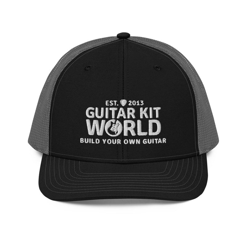 Black and charcoal Workbench Trucker Hat, white stitched Guitar Kit World logo, front view