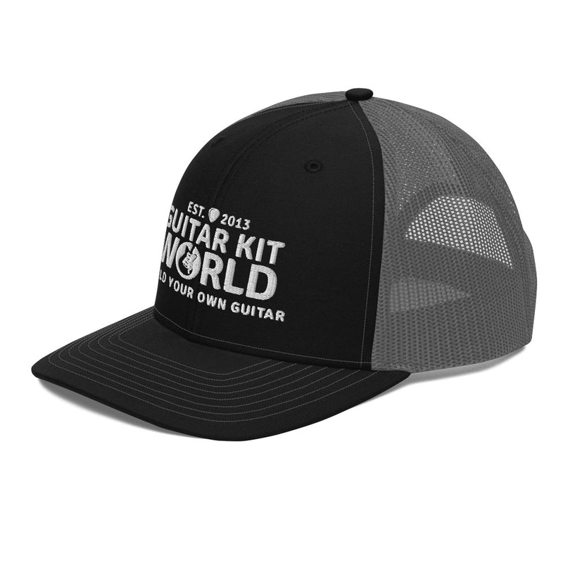 Black and charcoal Workbench Trucker Hat, white stitched Guitar Kit World logo, side view