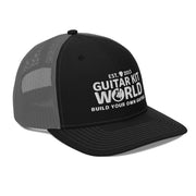 Black and charcoal Workbench Trucker Hat, white stitched Guitar Kit World logo, three-quarter view