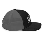 Black and charcoal Workbench Trucker Hat, white stitched Guitar Kit World logo, mesh back, side view