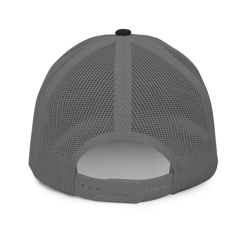 Black and charcoal Workbench Trucker Hat, white stitched Guitar Kit World logo, back view