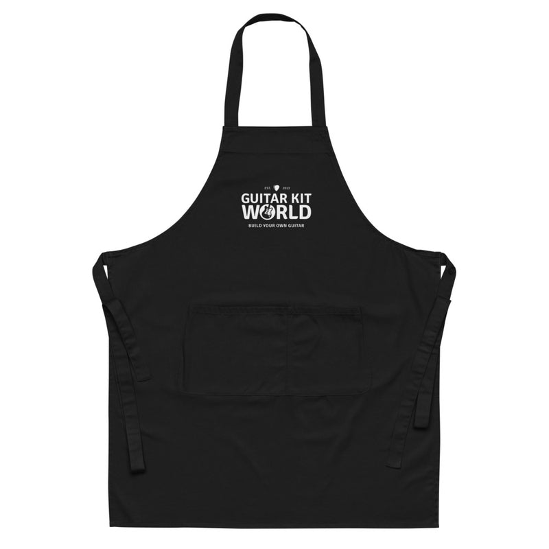 Black organic cotton Sawdust and Solder Shop Apron with a large printed white Guitar Kit World logo, front view