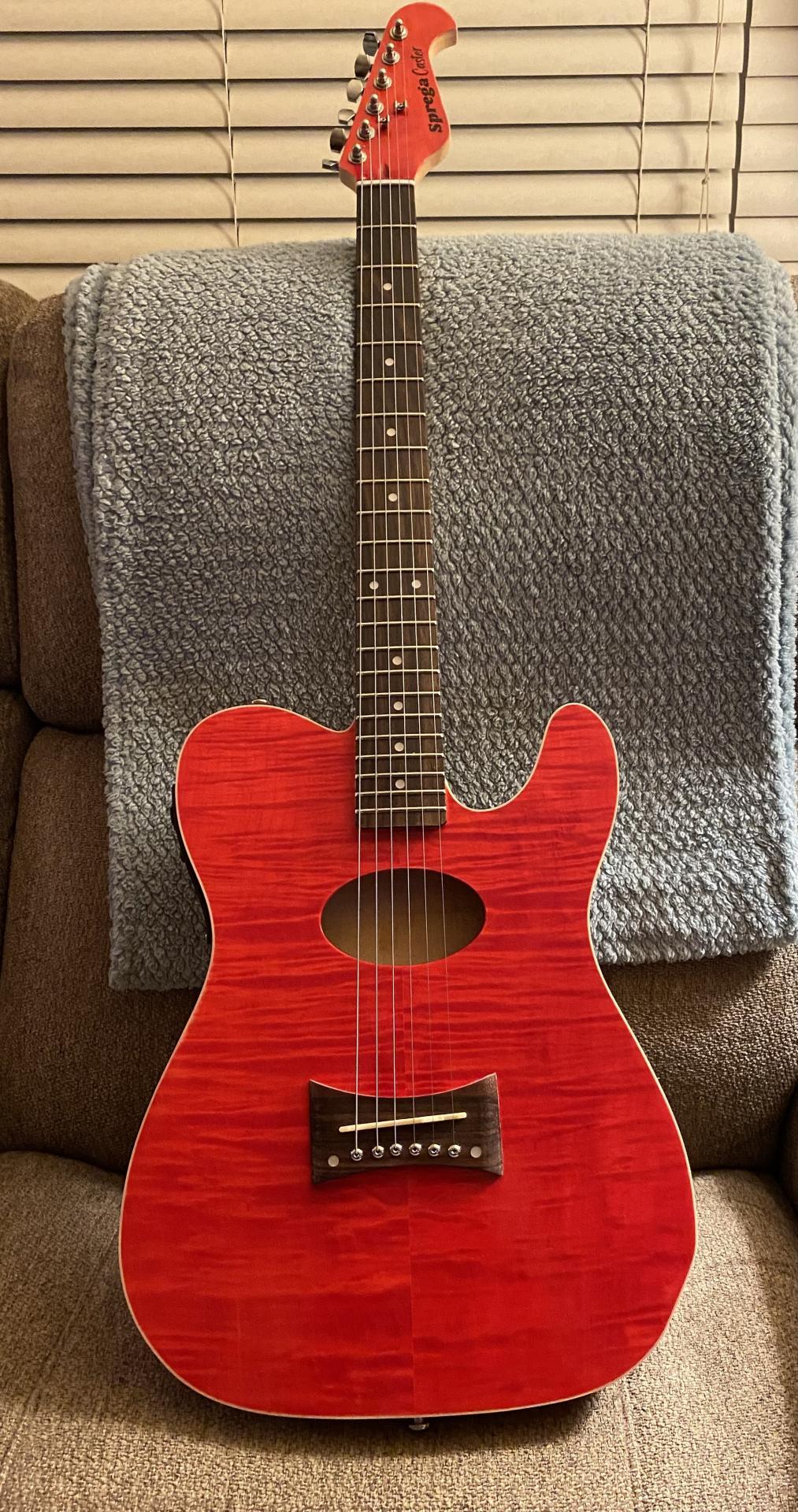 Red flame maple acoustic-electric thin hollow body single-cutaway guitar kit with round soundhole and piezo bridge, built by community member Aruyne E.
