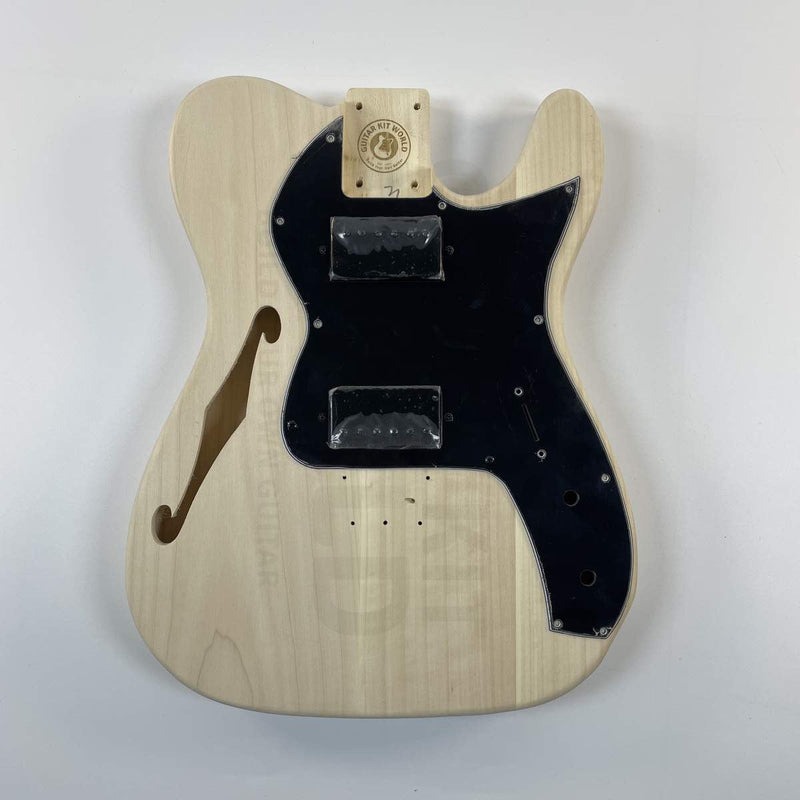 Guitar Kit World - TE Semi-Hollow Style DIY Guitar Kit - Body Front View with Black Pickguard and F-Hole