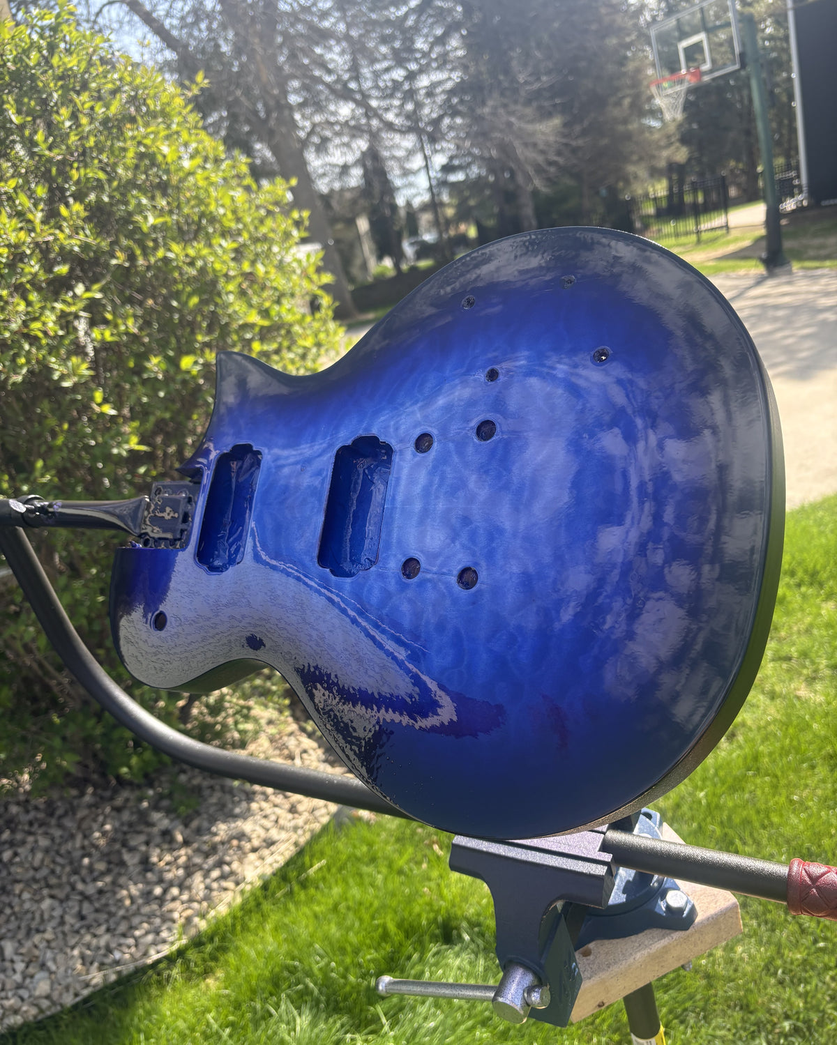 Front of the finished blue burst guitar body on a stand outdoors, quilted figure visible through the gloss clear coat