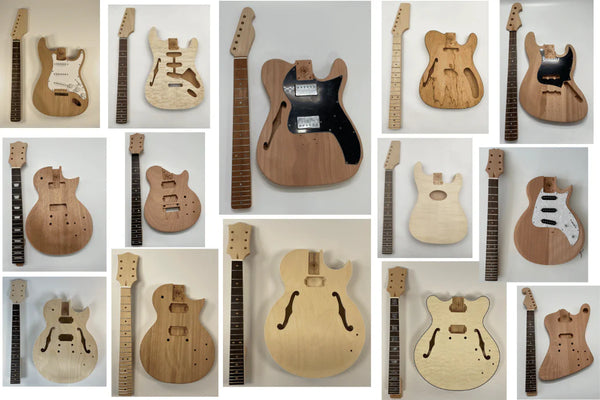 Unfinished DIY guitar kit bodies and necks in a range of shapes and woods, including solid, semi-hollow and bass builds