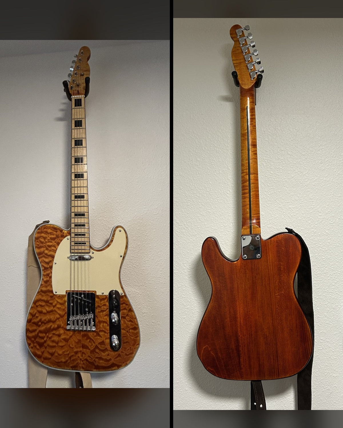 Finished quilted maple single-cutaway guitar front and back, amber top, cream pickguard and red-brown back