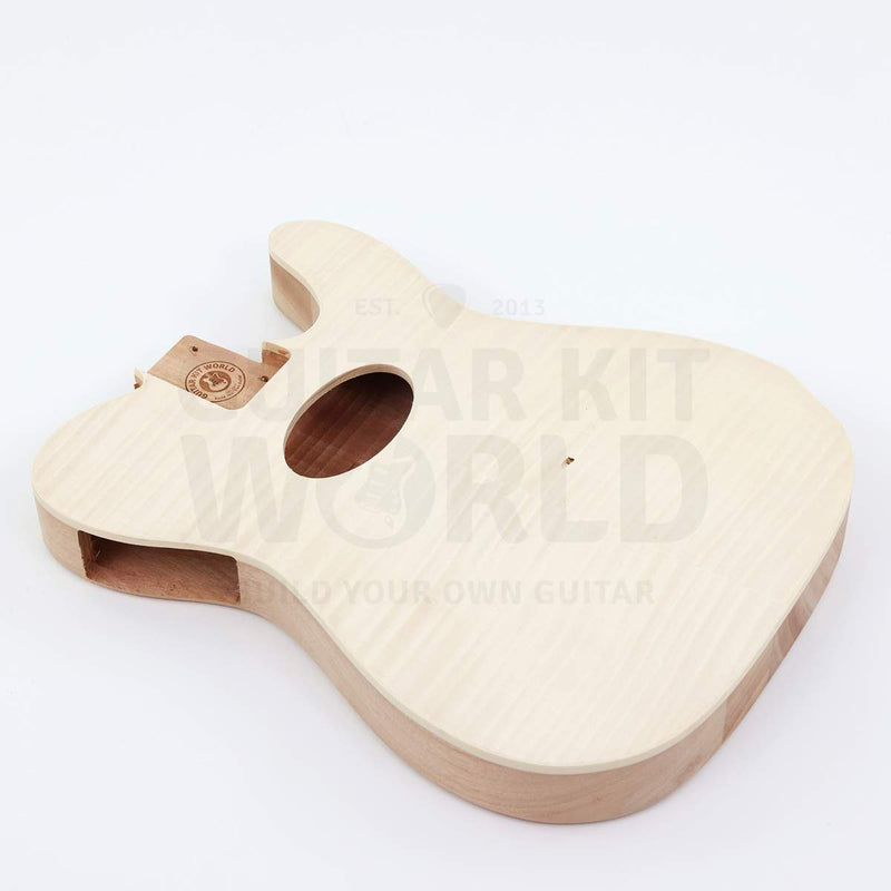 Angled view of the single-cutaway hollow body with flame maple veneer top and ivory binding - Guitar Kit World