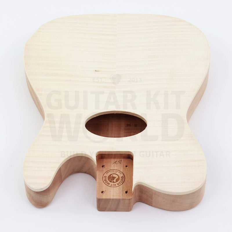 Unfinished flame maple veneer top with sound hole and neck pocket - Guitar Kit World
