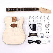 Acoustic-electric hollow body guitar kit, all parts laid out: flame maple veneer body, rosewood fretboard neck, piezo preamp, tuners, pinless bridge - Guitar Kit World