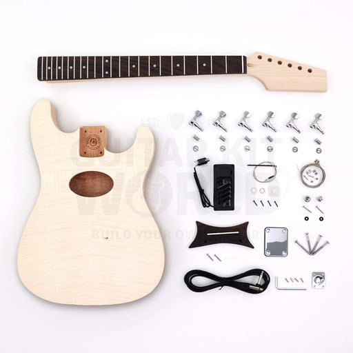 Acoustic electric hollow body guitar kit STH-RBRC-3652, complete kit flat lay with body, neck, preamp, bridge and hardware
