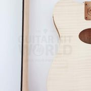 Close-up of the flame maple veneer figure next to the rosewood fretboard - Guitar Kit World