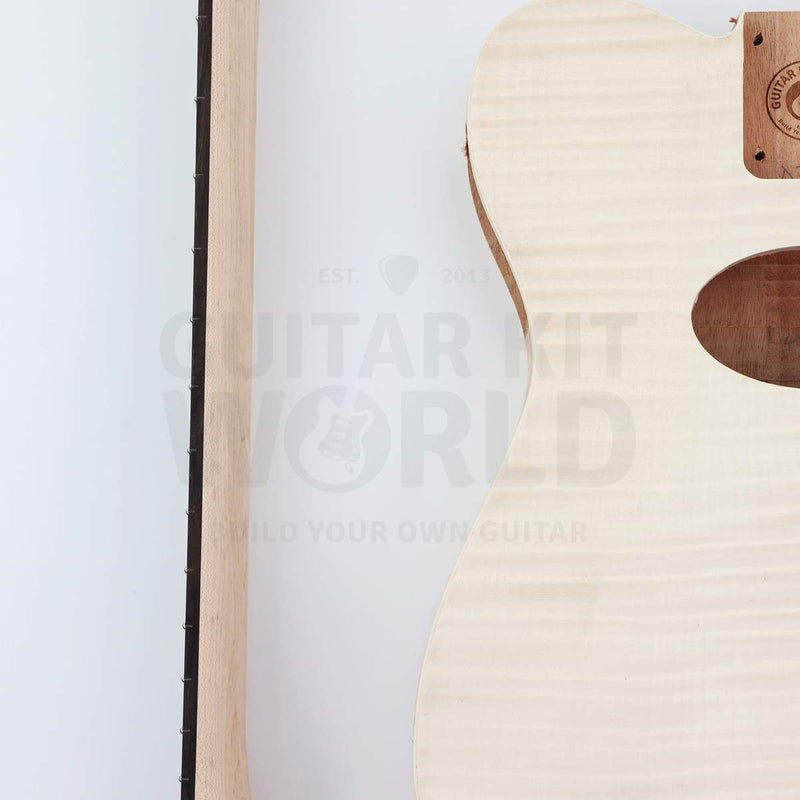 Close-up of the flame maple veneer figure next to the rosewood fretboard - Guitar Kit World