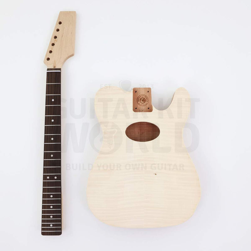 Unfinished neck and hollow body side by side, blank headstock with six tuner holes - Guitar Kit World