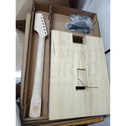 Back of the uncut basswood body blank with tremolo spring cavity, and back of the maple neck with the Guitar Kit World heel stamp - Guitar Kit World