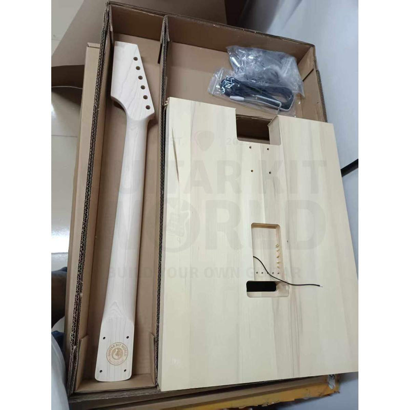Back of the uncut basswood body blank with tremolo spring cavity, and back of the maple neck with the Guitar Kit World heel stamp - Guitar Kit World