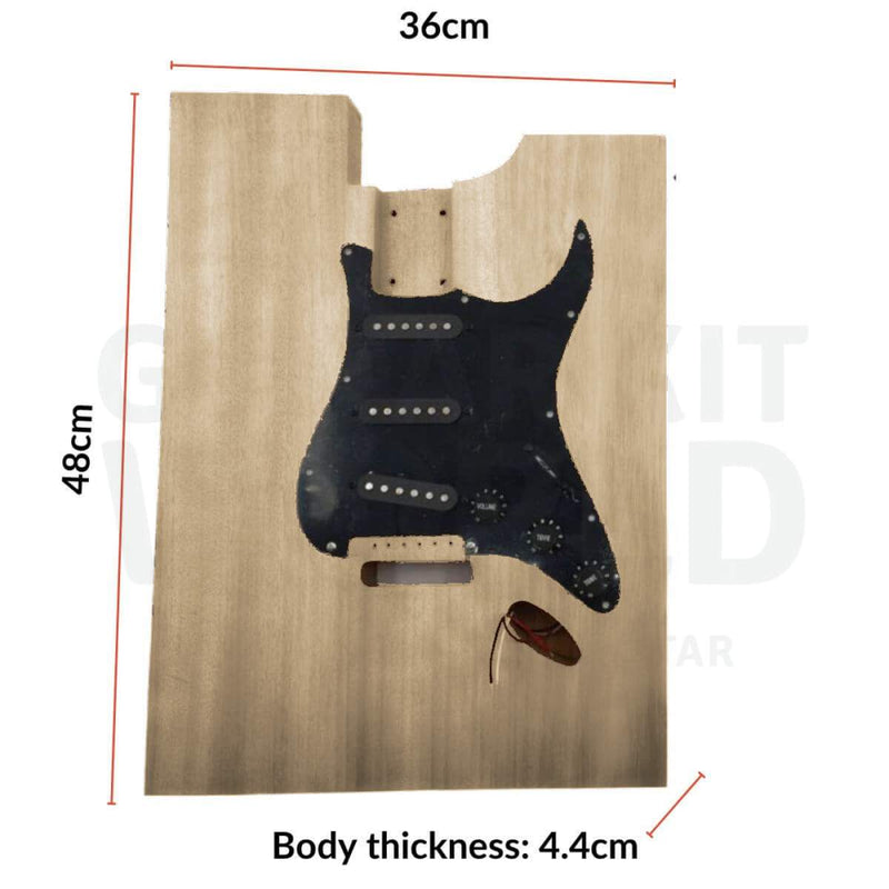 Basswood body blank, 36 x 48 cm, 4.4 cm thick, with loaded black SSS pickguard fitted - Guitar Kit World