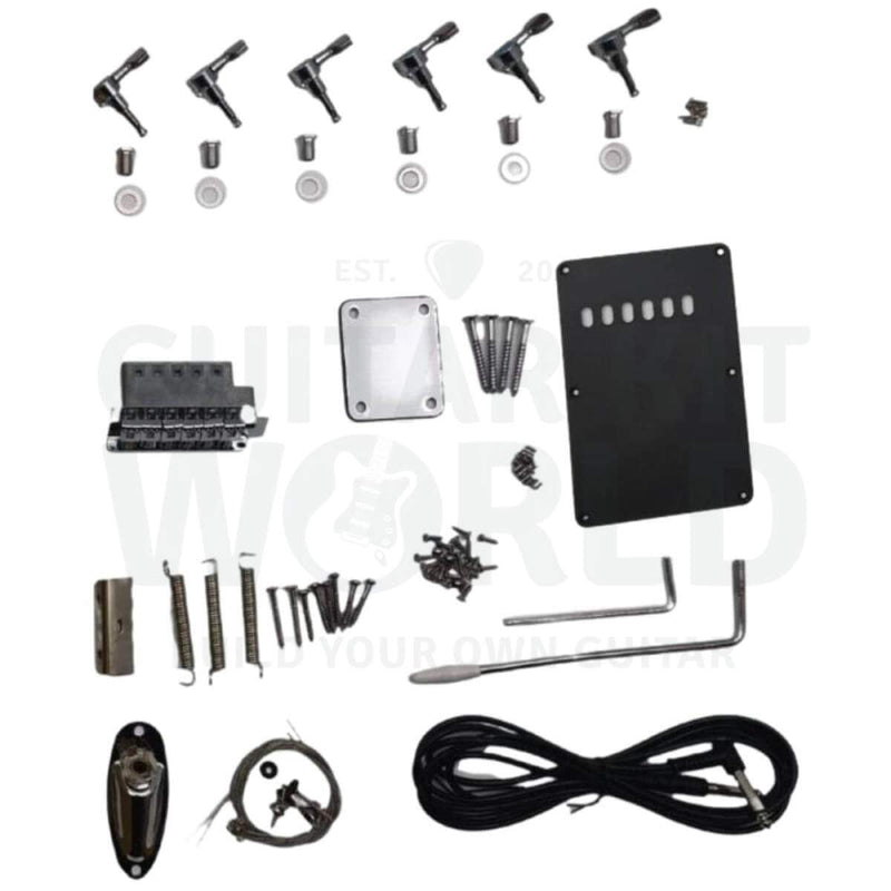 Chrome tremolo, sealed tuners, neck plate, black back plate, jack and cable in the blank kit - Guitar Kit World