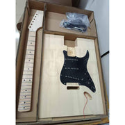 Blank basswood body with loaded black SSS pickguard and maple neck with maple fretboard and black dot inlays, packed in the box - Guitar Kit World