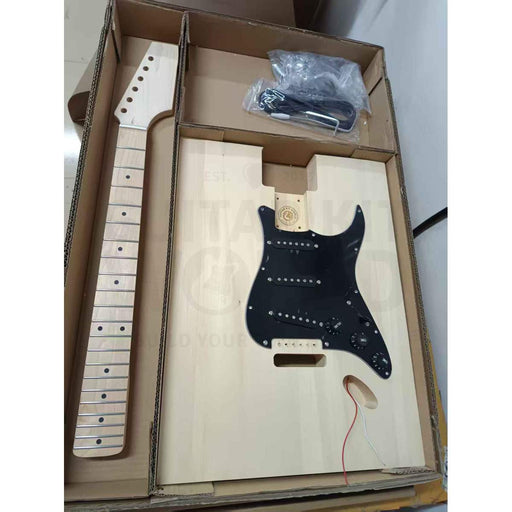 Blank basswood body with loaded black SSS pickguard and maple neck with maple fretboard and black dot inlays, packed in the box - Guitar Kit World