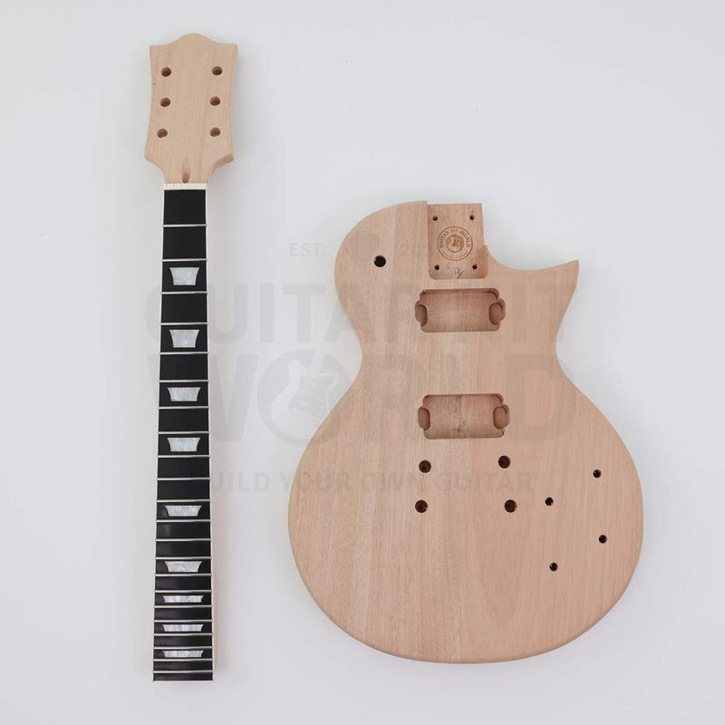Bolt-on neck single-cutaway guitar kit with pre-wired electronics - unfinished body and neck side by side