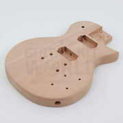 Bolt-on neck single-cutaway guitar kit with pre-wired electronics - mahogany body angled view with side output jack hole