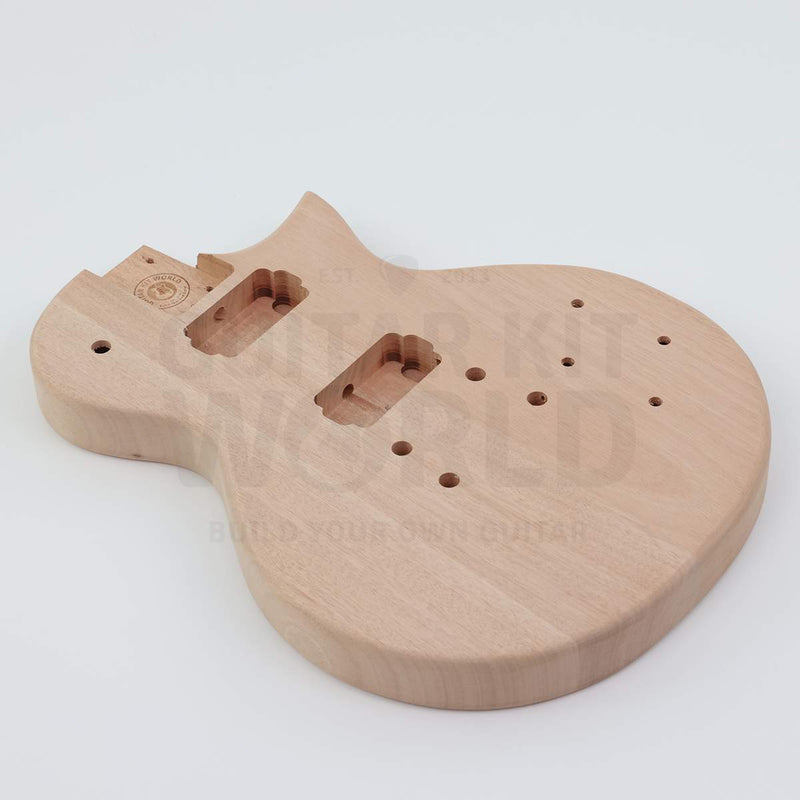 Bolt-on neck single-cutaway guitar kit with pre-wired electronics - mahogany body angled view of the bolt-on neck pocket
