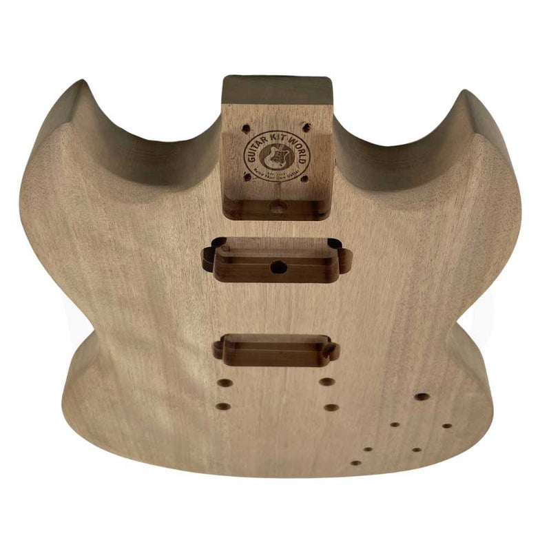 Devil-Horn guitar kit unfinished mahogany body, front with humbucker routes - Guitar Kit World