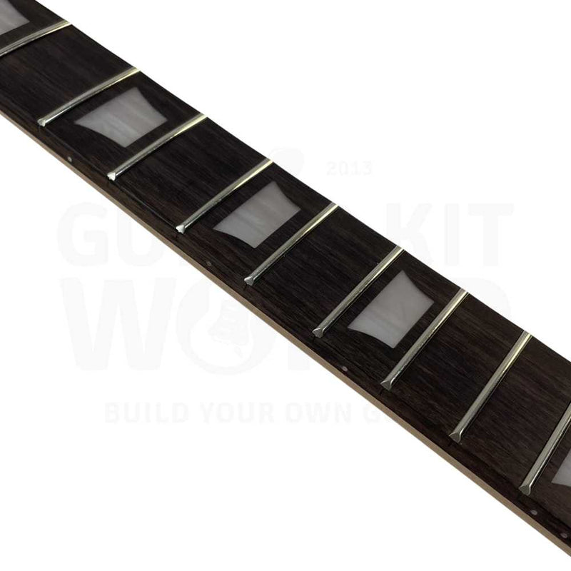 Rosewood fretboard close-up with trapezoid inlays, Devil-Horn guitar kit - Guitar Kit World