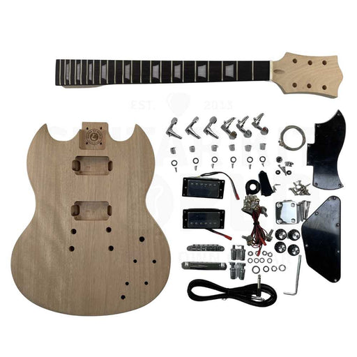 Devil-Horn double cutaway bolt-on guitar kit, complete kit contents laid out - Guitar Kit World