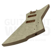 Flamed maple veneer bass body, angled view of the top and output jack - Guitar Kit World