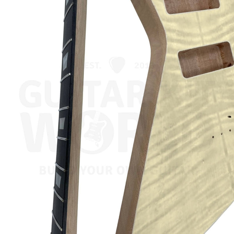 Close-up of the flamed maple veneer top and mahogany body edge, bass kit - Guitar Kit World