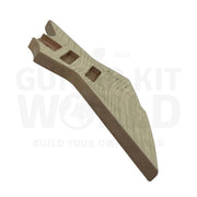 Flamed maple veneer bass body, low side angle along the mahogany edge - Guitar Kit World