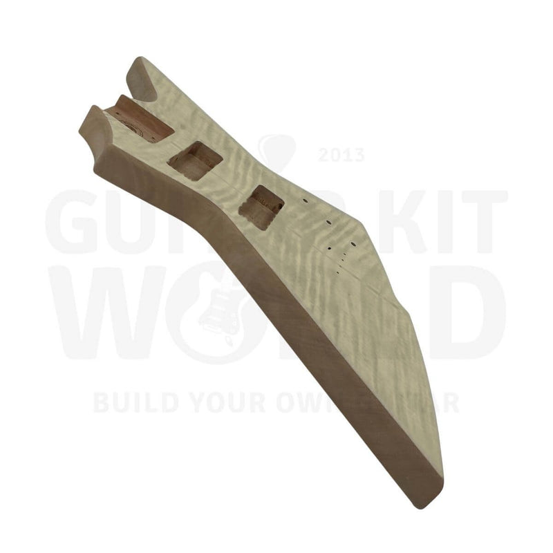 Flamed maple veneer bass body, low side angle along the mahogany edge - Guitar Kit World
