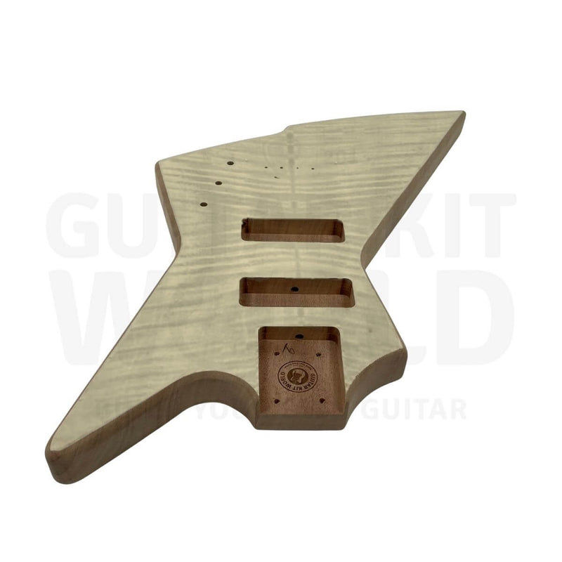Flamed maple veneer top on the mahogany bass body, top view with pickup routes - Guitar Kit World