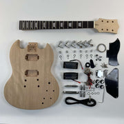 Guitar Kit World - G1-style DIY Guitar Kit - Complete kit flat lay with body, neck, hardware, and electronics
