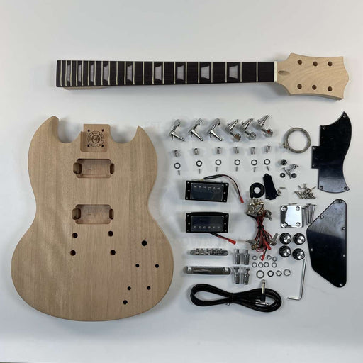 Guitar Kit World - G1-style DIY Guitar Kit - Complete kit flat lay with body, neck, hardware, and electronics