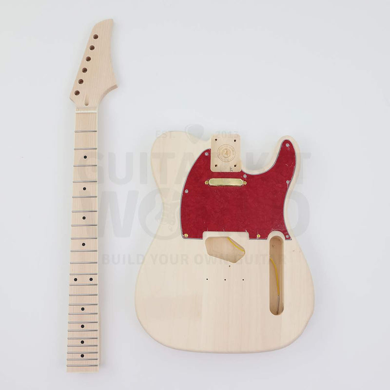 Gold hardware single-cutaway electric guitar kit, body with red pearloid pickguard and bound maple neck
