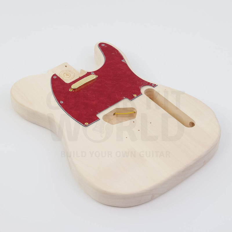 Gold hardware single-cutaway electric guitar kit, body front from the treble side