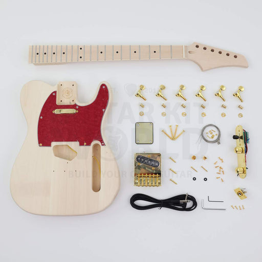 Gold hardware single-cutaway electric guitar kit, complete kit with basswood body, bound maple neck, red pearloid pickguard and gold hardware