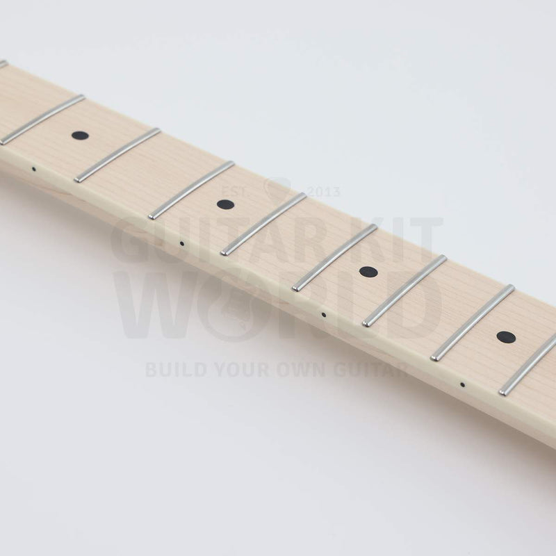 Gold hardware single-cutaway electric guitar kit, maple fretboard binding and black dot inlays close-up