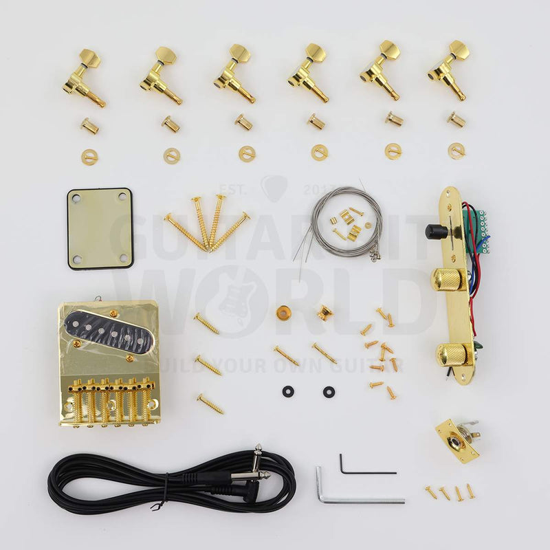 Gold hardware single-cutaway electric guitar kit, gold tuners, bridge, control plate and electronics