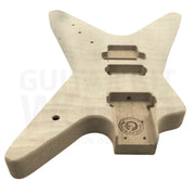 Flame maple top Heavy Metal body at an angle, humbucker routes and neck pocket - Guitar Kit World