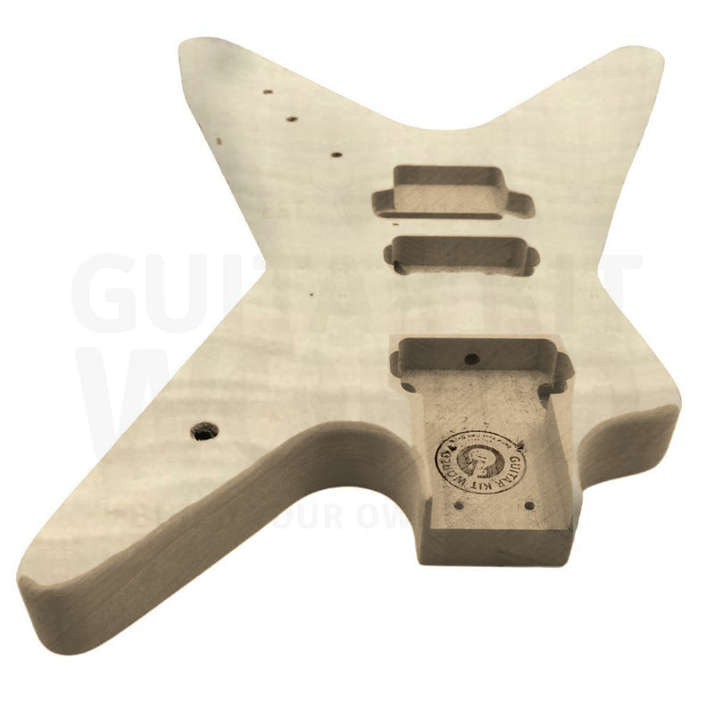 Flame maple top Heavy Metal body at an angle, humbucker routes and neck pocket - Guitar Kit World