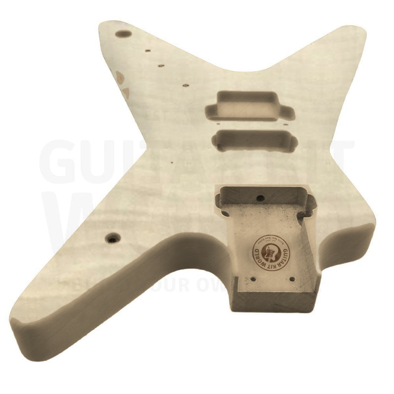 Flame maple top Heavy Metal body at an angle, humbucker routes and neck pocket - Guitar Kit World